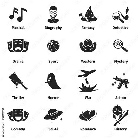 Movie genres vector icons. Movie film genres, comedy genre, war and romance genres, history ...