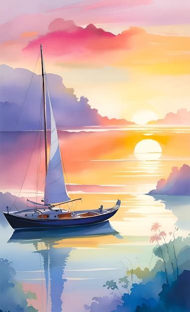 Premium AI Image | Watercolor boat at sunset