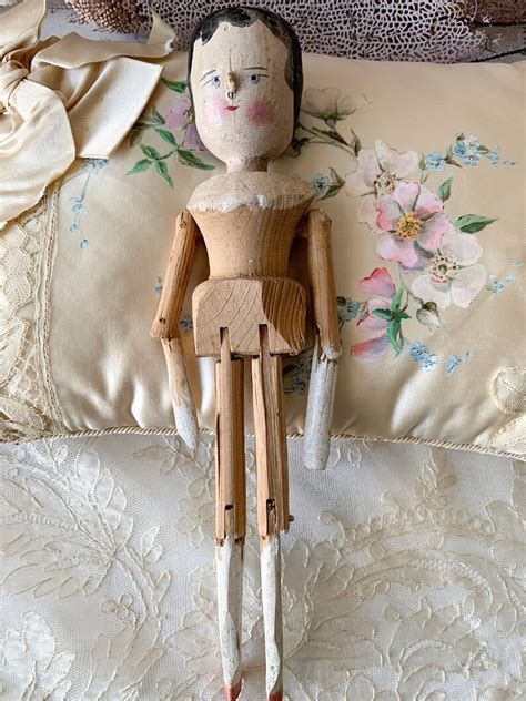 Vintage peg doll wooden jointed antique painted doll wood | Etsy