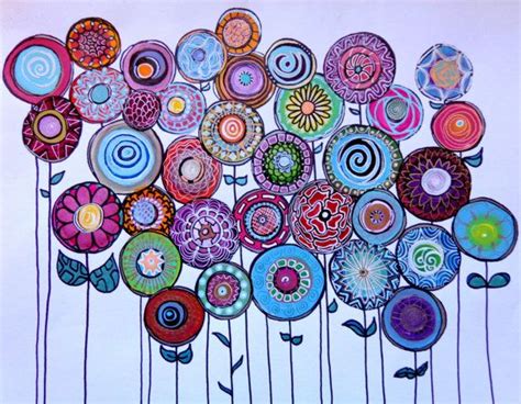 Flower Art Original Handpainted Design Whimsical Flowers Multicolored Painting and Ink on Paper ...