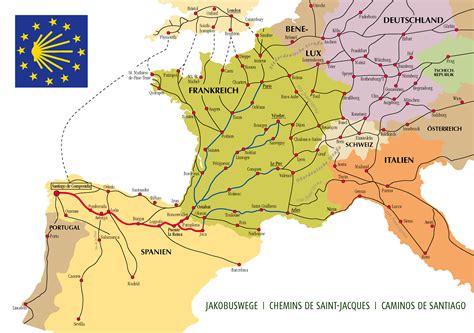 Map of the Camino de Santiago/Way of St. James in Europe. It is one of the three great ...