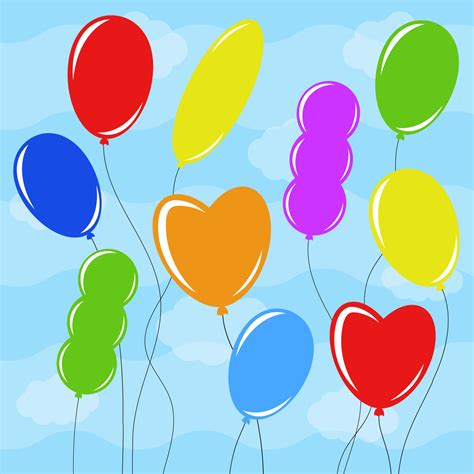 Set of flat colored isolated balloons of different shapes on a blue background . Simple flat ...