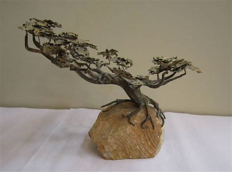 Beautiful Substantial Vintage Brass and Onyx Japanese Bonsai Tree Sculpture For Sale at 1stdibs