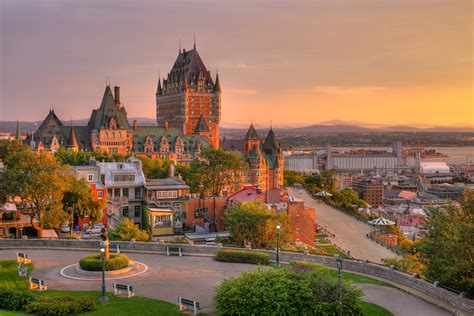 Frontenac Castle in Old Quebec City in the beautiful sunrise light. High dynamic range image ...