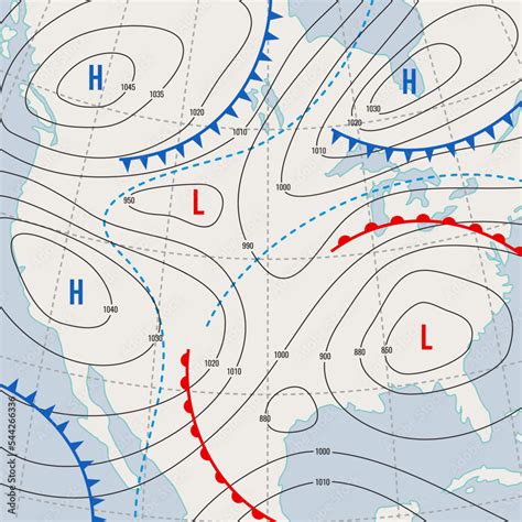 Vektorová grafika „Forecast weather isobar USA map. Meteorology wind front and temperature ...