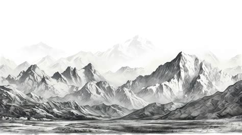 Black and white hand drawn pencil sketch of a mountain landscape with rocky peaks in a graphic ...