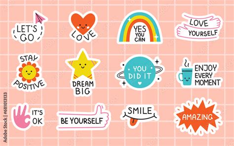 Vector motivational sticker pack. Cute sticker set with positive phrases. Motivation stickers ...