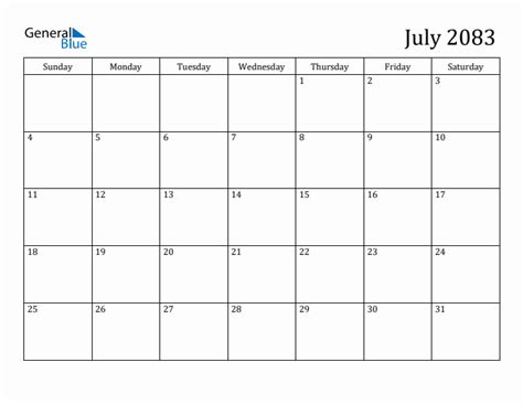 July 2083 Calendars (PDF Word Excel)