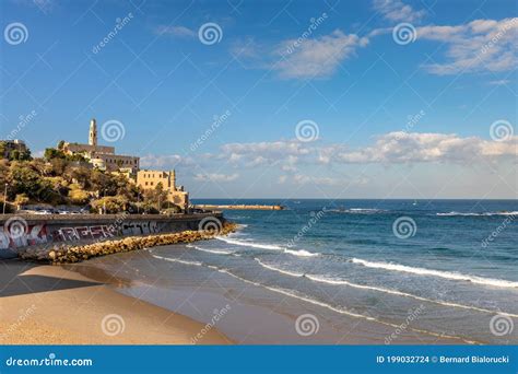 Panoramic View of Old City of Jaffa at Mediterranean Coastline with Seaside Jaffa Beach in Tel ...