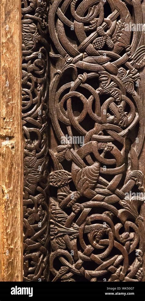 Elaborate Celtic art in Norway. Artwork from an ancient stave church from Kulturhistorisk museum ...