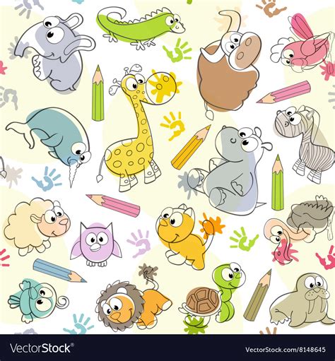 Seamless pattern with kids drawings of animals Vector Image