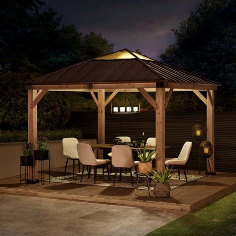 SUNJOY 10 FT. X 10 FT. CEDAR FRAMED GAZEBO WITH BROWN STEEL 2-TIER HIP ROOF HARDTOP – Plus Co