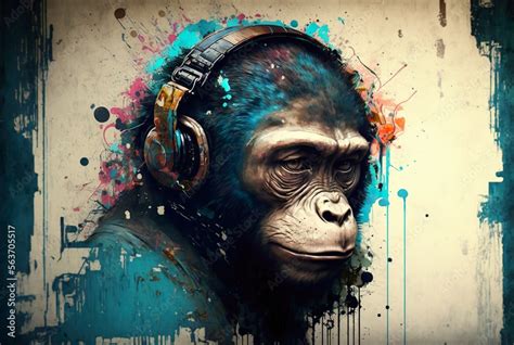 Abstract painting of a monkey with headphones made with generative AI ...