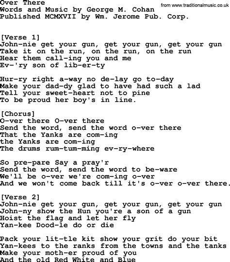 World War One(WW1)Era Song Lyrics for: Over There