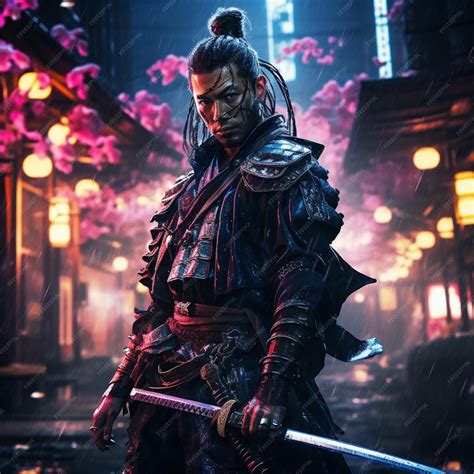 Premium AI Image | shot of samurai Cyberpunk samurai surrounded by city neon lighting