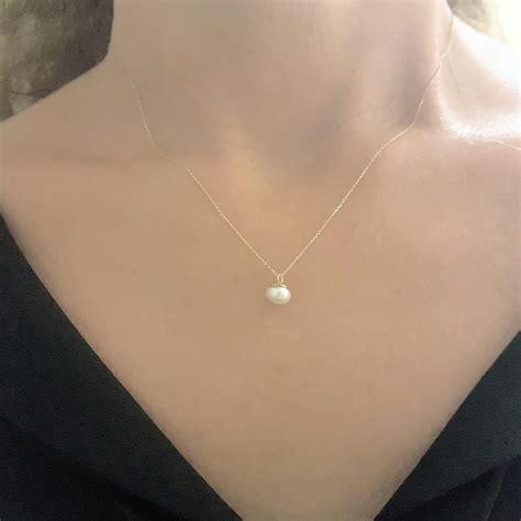 14K Real Solid Yellow Gold Pearl Pendant Necklace for Women | 6mm Pearl