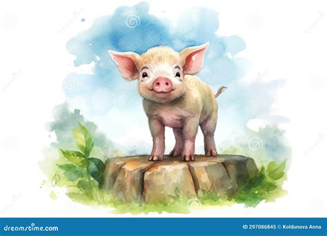 Cute happy pig on farm stock illustration. Illustration of adorable - 297086845