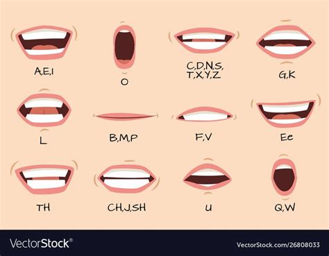 Mouth sync. Talking mouths lips for cartoon character animation and english pronunciation signs ...