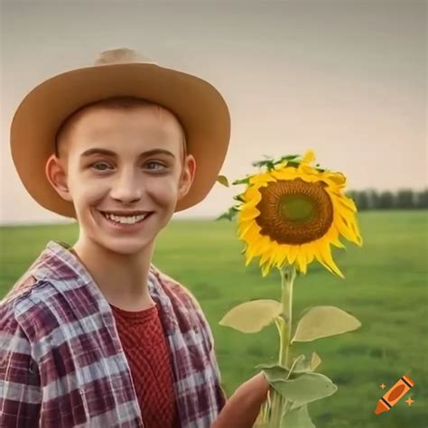 Young farmer with a happy cow and sunflowers on Craiyon