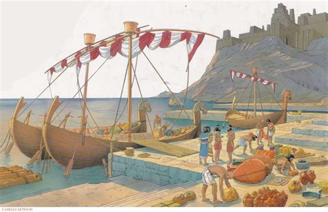 A Phoenician ship being unloaded in the harbour of Tyre, one of the great trading cities of the ...