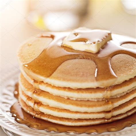 Breakfast food - stack of pancakes with syrup and butter — Stock Photo ...