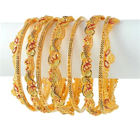 Gold Bridal Bangles Set - BaSt4600 - 22K Gold Bridal Bangles Set (7 Pcs) with micro filigree ...