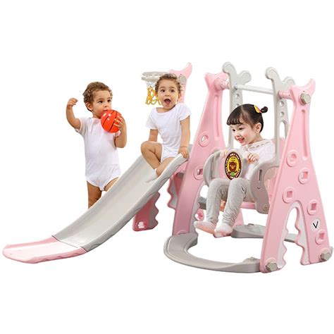 Toddler Slide and Swing Set, 3 in 1 Kids Slide Toddler Slide with Basketball Hoop & Climb Stairs ...