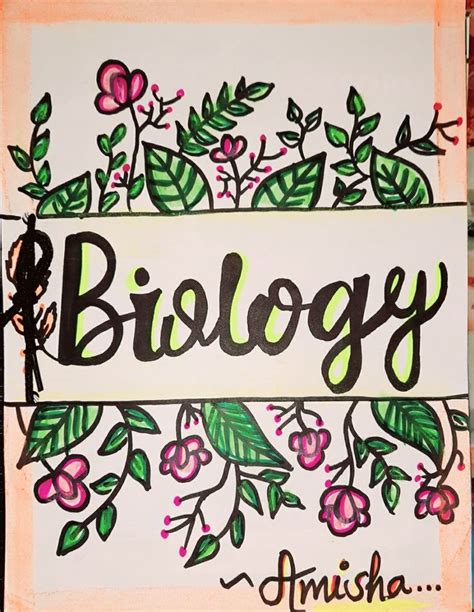 Biology Front Page Design with Pink Flowers and Green Leaves