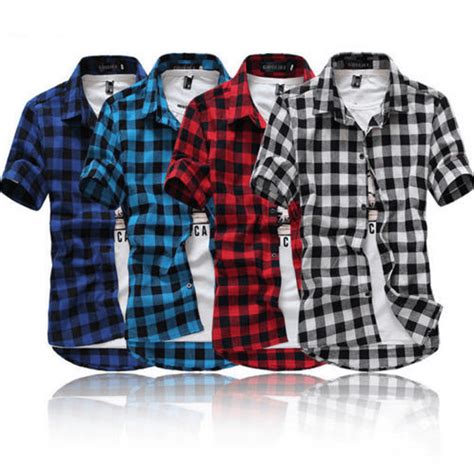 TSEXIEFOOFU - Fashion Men's Summer Casual Dress Shirt Mens Plaid Short Sleeve Shirts Tops ...