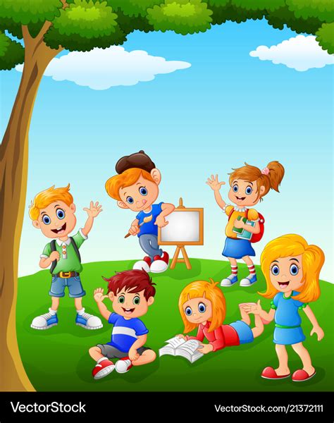 Happy kids learning on the field Royalty Free Vector Image