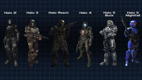 A lineup of the ODST armors from Halo 2 through Halo 5 : halo