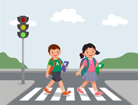 Cute School kids with backpack walking crossing road near traffic light on zebra crossing on the ...