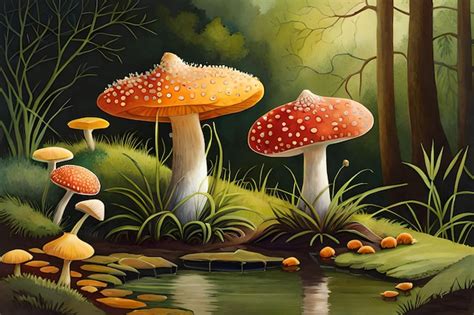 Premium AI Image | A painting of a forest with a red mushroom