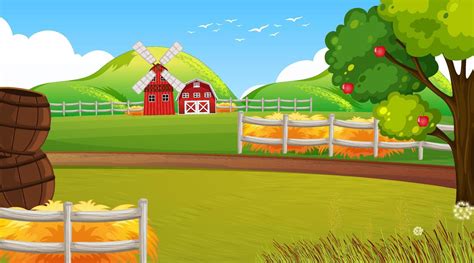 Farm scene with windmill and barn 6351822 Vector Art at Vecteezy