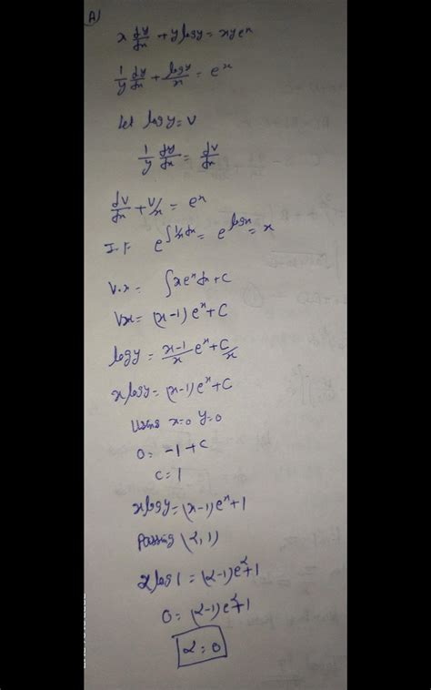 If an integral curve of the differential equation +y logy = xyex passes through (0,