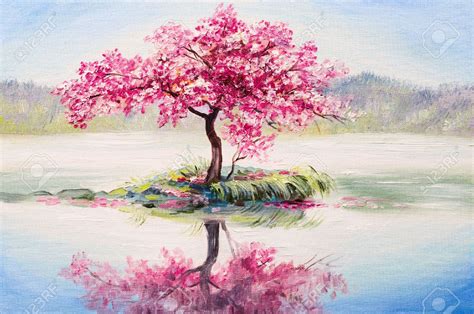 Oil Painting Landscape, Oriental Cherry Tree, Sakura On The Lake Stock Photo, Picture And ...