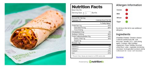 Nutrition Information For Taco Bell Bean Burrito - Burrito Walls