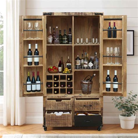 Farmhouse & Industrial Style Rustic Solid Wood Rolling Wine Bar Cabinet