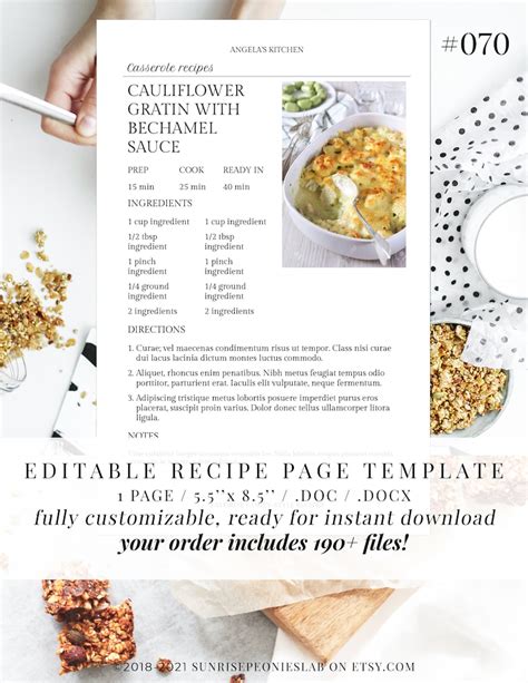 Editable Recipe Page Template Design 070 5.5'' X - Etsy