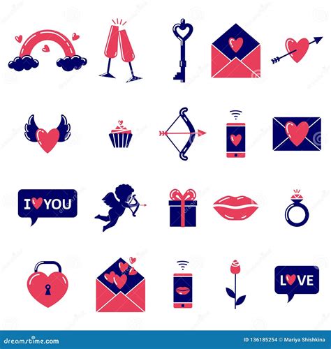 Set Of Simple Colored Valentine`s Day Symbols On White Background. Stock Vector - Illustration ...