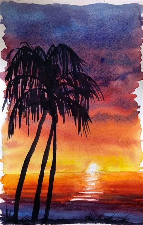 How To Watercolor Paint A Sunset Sky With Silhouettes | Watercolor sunset, Sunset painting ...