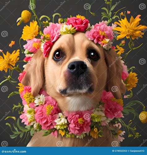 Cute dog with flowers stock illustration. Illustration of small - 278552353