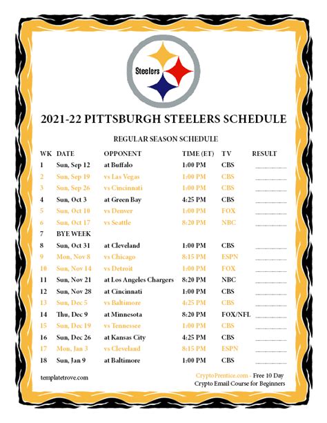 Printable 2021-2022 Pittsburgh Steelers Schedule