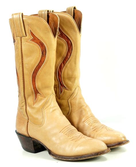 Sanders Golden Tan Leather Vintage Cowboy Western Boots Exotic Inlays Men 11.5 B | oldrebelboots