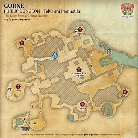 Map of Gorne Public Dungeon located in Telvanni Peninsula ESO with Skyshard and Bosses.