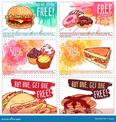 Six Different Discount Coupons for Fast-food or Dessert. Stock Vector - Illustration of pancake ...