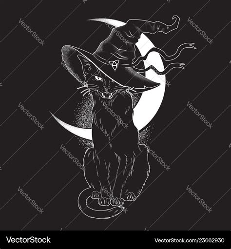 Black cat with pointy witch hat line art Vector Image