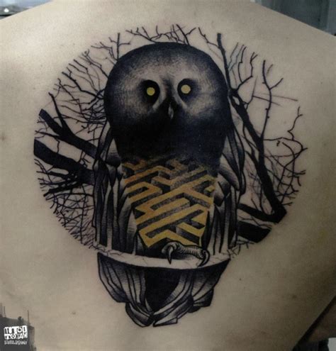 Mystical engraving style colored upper back tattoo of owl with ornaments - Tattooimages.biz