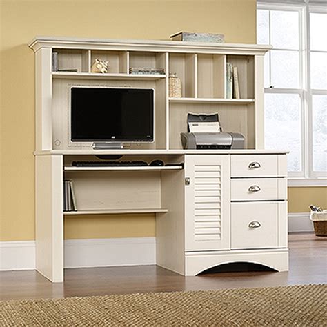 62" Transitional Computer Desk with Hutch in Antiqued White | Mathis ...