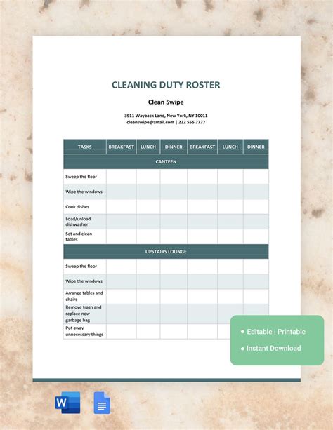 Cleaning Duty Roster Template in Google Docs, Word - Download | Template.net